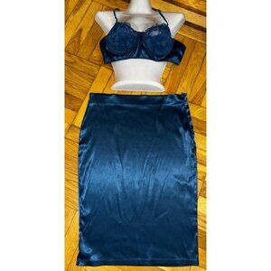 Fashion Nova Lace Bra Skirt Satin Two-Piece Set XL Blue Sexy Stretch Pinup Retro